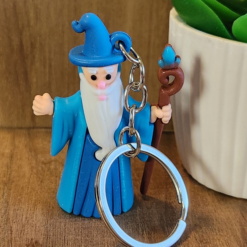 Blue Wizard Sorcerer Figural Keychain Fantasy Magic Staff Plastic Key Ring 2in